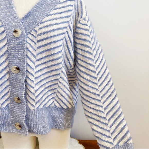 Frnch Paris Blue White Chevron Chenille Cardigan - Picture 2 of 13